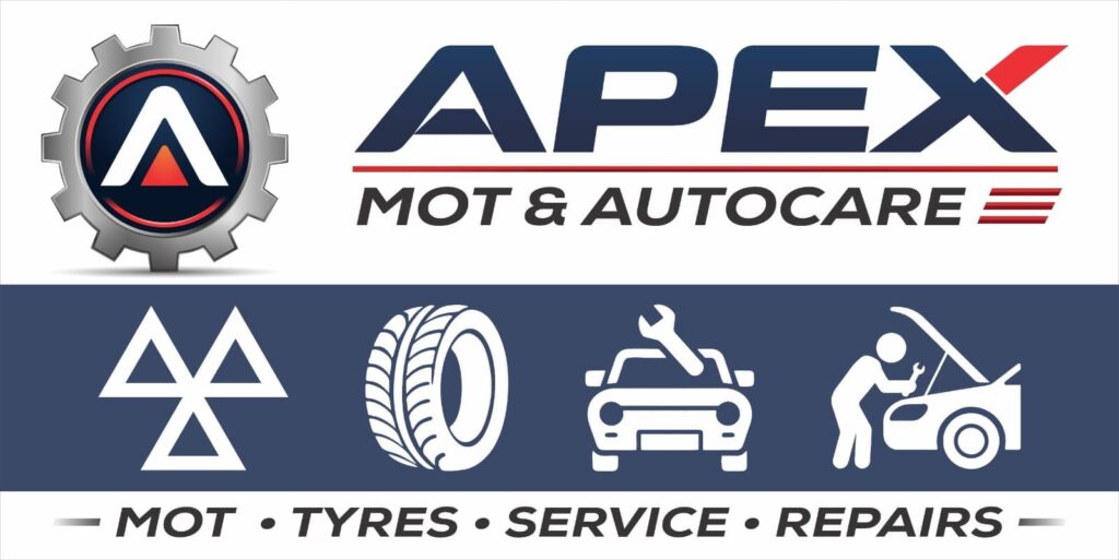 Logo and banner for Apex MOT & Autocare featuring service icons for MOT testing, tyres, vehicle servicing, and mechanical repairs.
